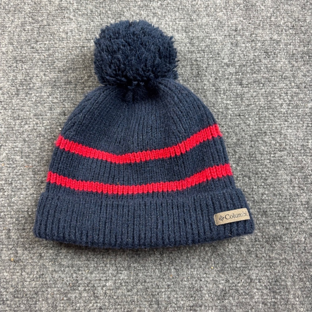 COLUMBIA Men’s Navy/Red Knit Beanie Fleece Lined with Pom One Size Fits Most